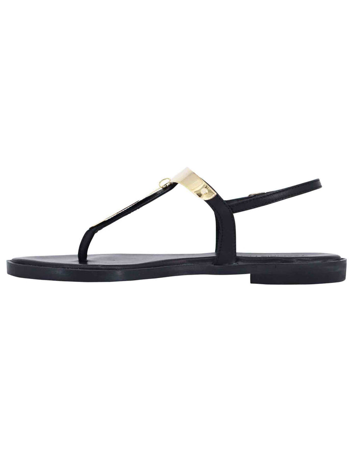 Spatarella Sandali bassi donna infradito in pelle nera con placche in oro Saldi Di Fabbrica
