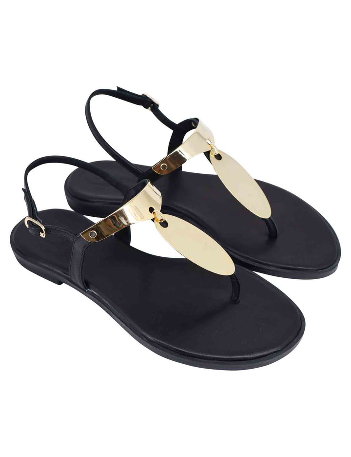 Spatarella Sandali bassi donna infradito in pelle nera con placche in oro Saldi Di Fabbrica