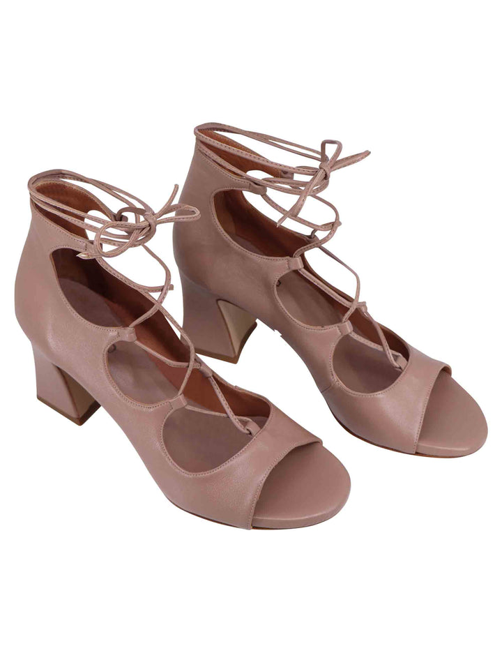 Spatarella Sandali donna in pelle beige con lacci alla caviglia e tallone chiuso Nuova