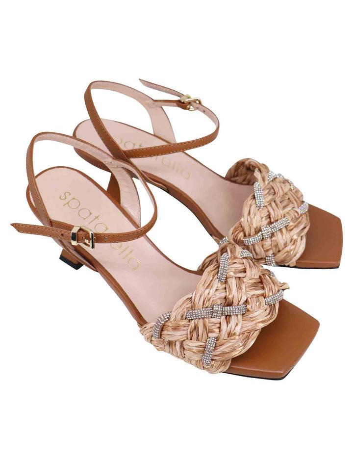 Spatarella Sandali donna in pelle cuoio con raffia e strass a tacco alto In Linea