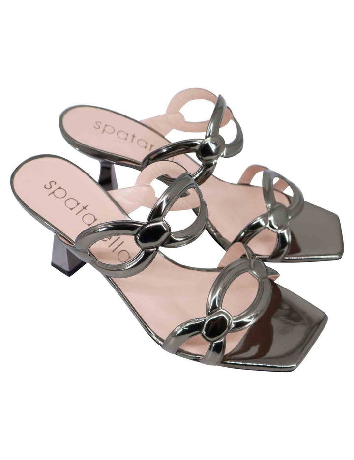 Spatarella Sandali donna in pelle laminata grigia con tacco alto e punta quadra Nuovo