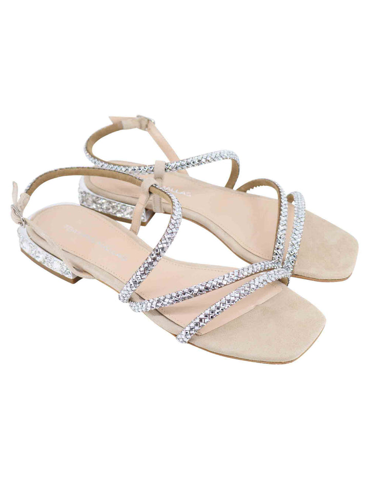 Spatarella Sandali bassi slingback donna in camoscio beige con strass e tacco gioiello Qualità
