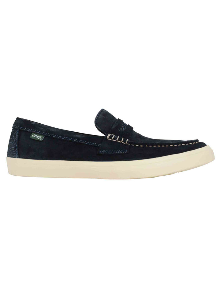 Spatarella Mocassini uomo Moki Suede in camoscio blu con suola in gomma bianca Duty-free