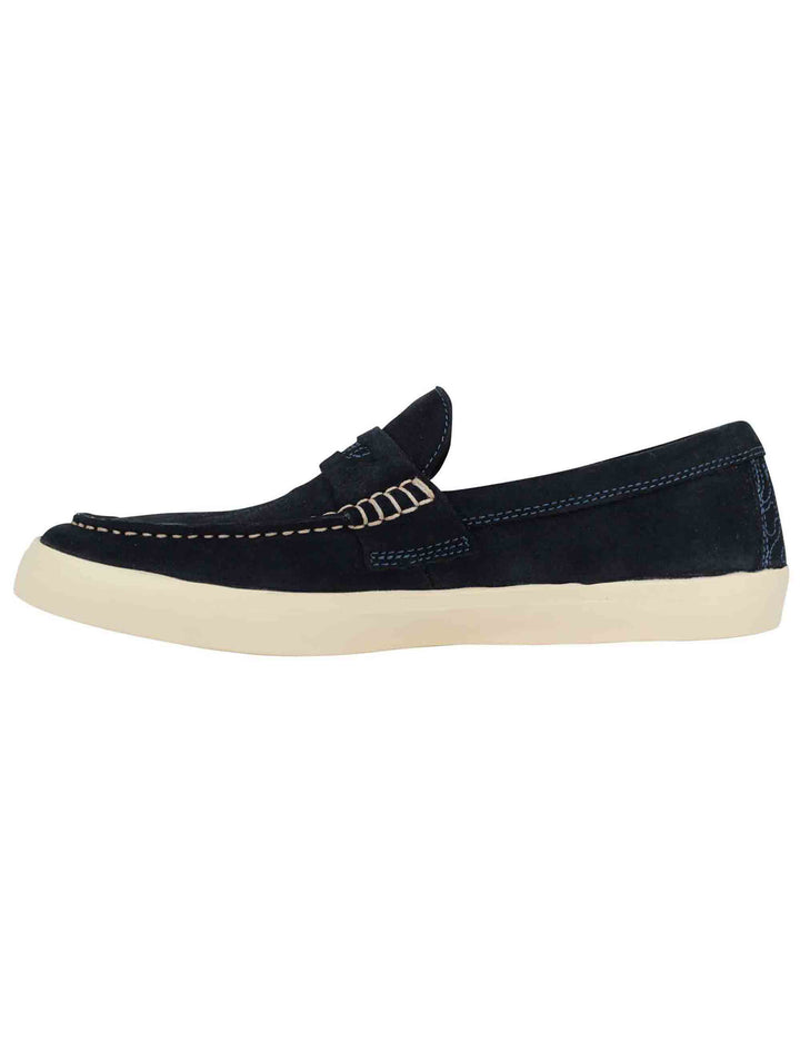 Spatarella Mocassini uomo Moki Suede in camoscio blu con suola in gomma bianca Duty-free