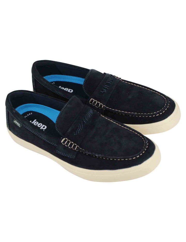 Spatarella Mocassini uomo Moki Suede in camoscio blu con suola in gomma bianca Duty-free
