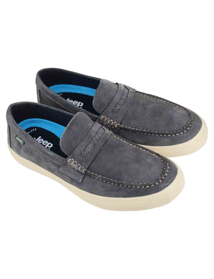 Spatarella Mocassini uomo Moki Suede in camoscio grigio con suola in gomma bianca 50% di sconto per tempo limitato