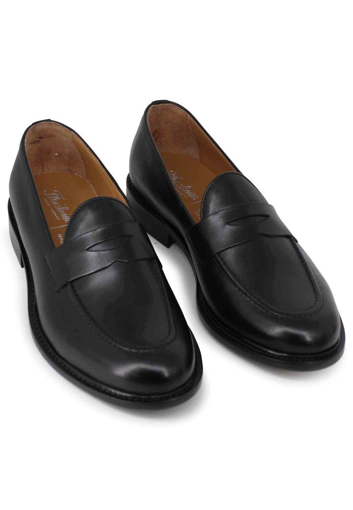 Spatarella Mocassini uomo in pelle nera con suola in cuoio Promozione