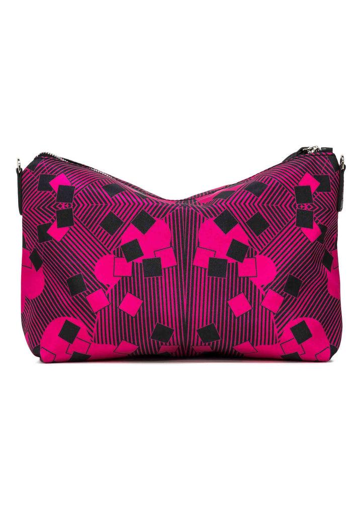 Spatarella Pochette grande donna in tessuto fuxia a fantasia con manico e tracolla in pelle Prezzo Ridotto