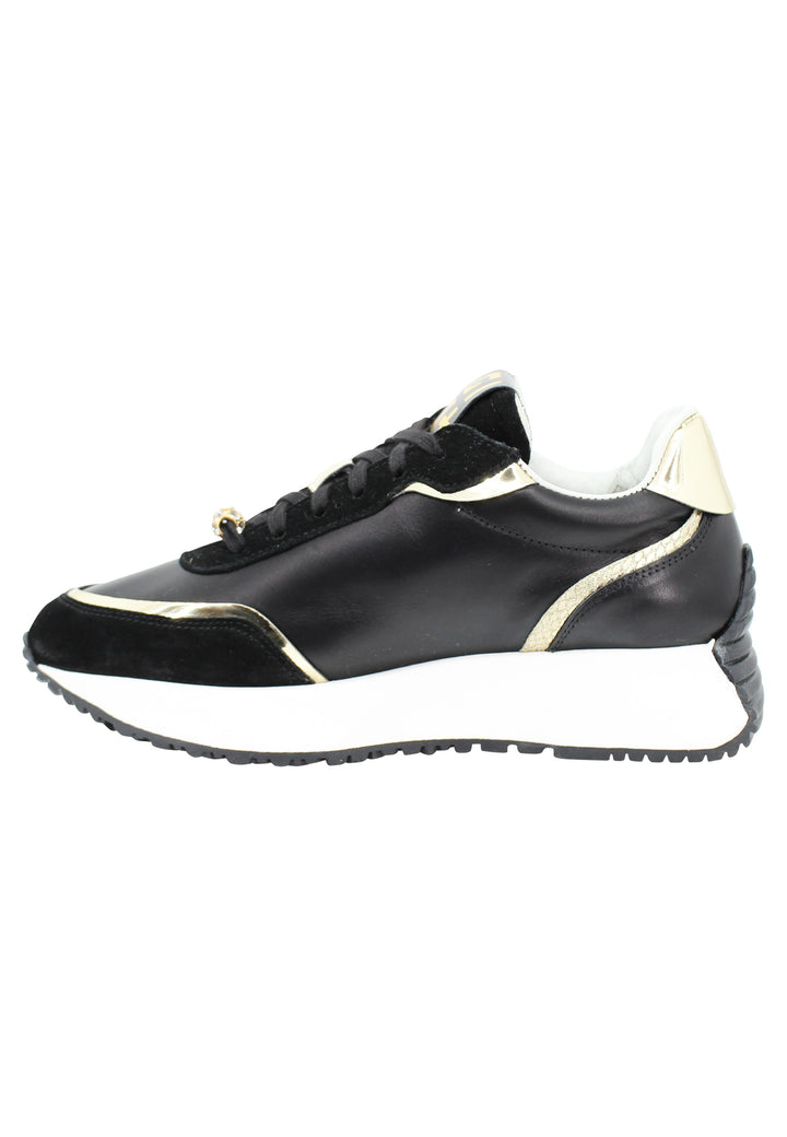Spatarella Sneakers donna in pelle nera con riporti in pelle oro e zeppa in gomma bianca Outlet