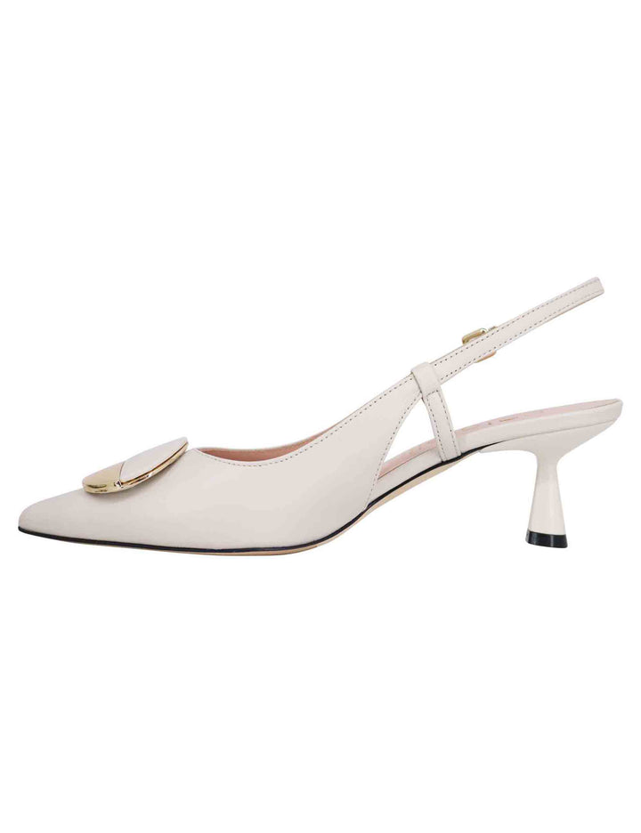 Spatarella Decollete slingback donna in pelle bianca con tacco basso e fibbia in oro Saldi Di Fabbrica