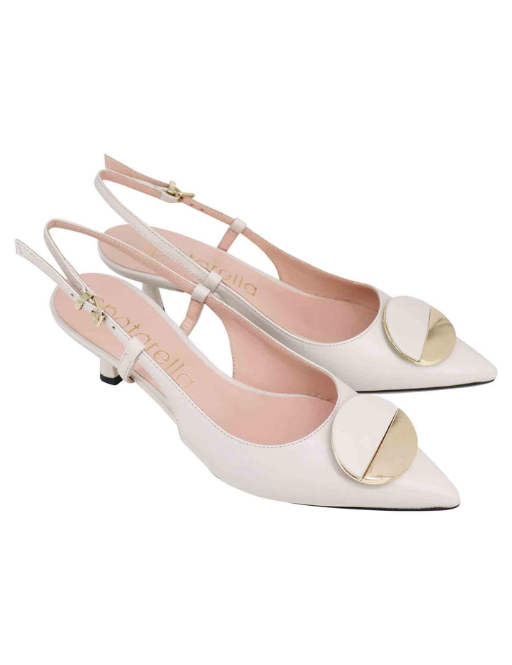Spatarella Decollete slingback donna in pelle bianca con tacco basso e fibbia in oro Saldi Di Fabbrica