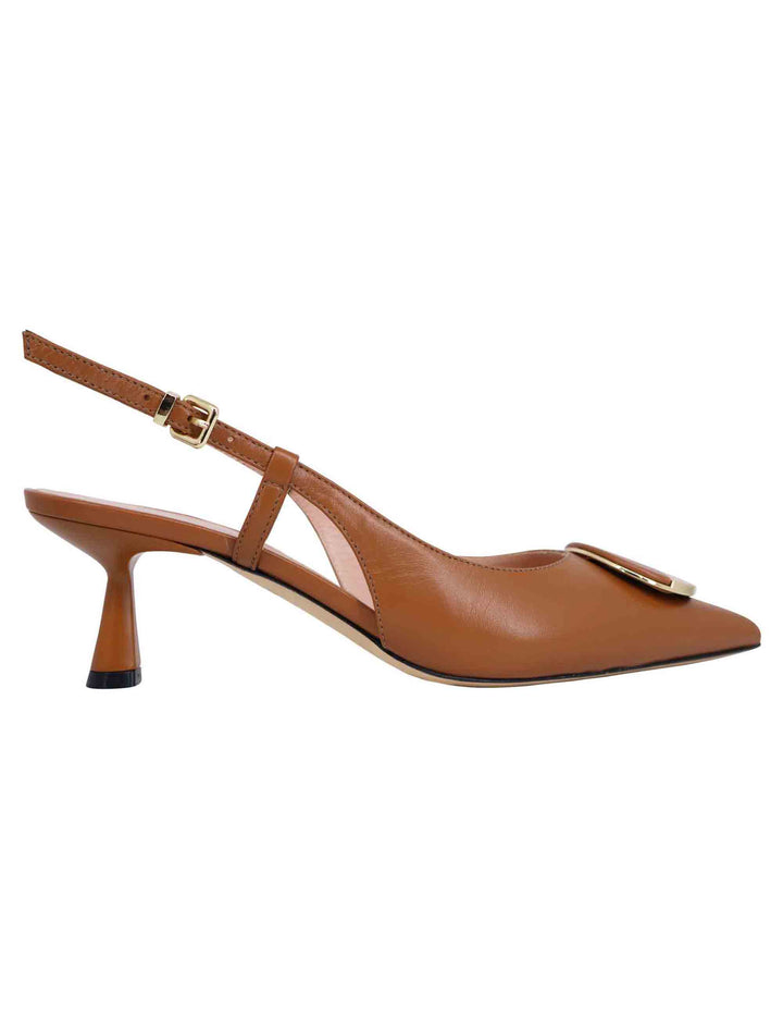 Spatarella Decollete slingback donna in pelle cuoio con tacco basso e fibbia in oro Vendite Flash