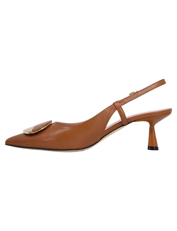 Spatarella Decollete slingback donna in pelle cuoio con tacco basso e fibbia in oro Vendite Flash