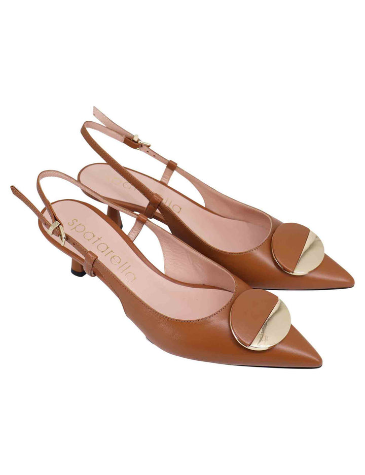 Spatarella Decollete slingback donna in pelle cuoio con tacco basso e fibbia in oro Vendite Flash