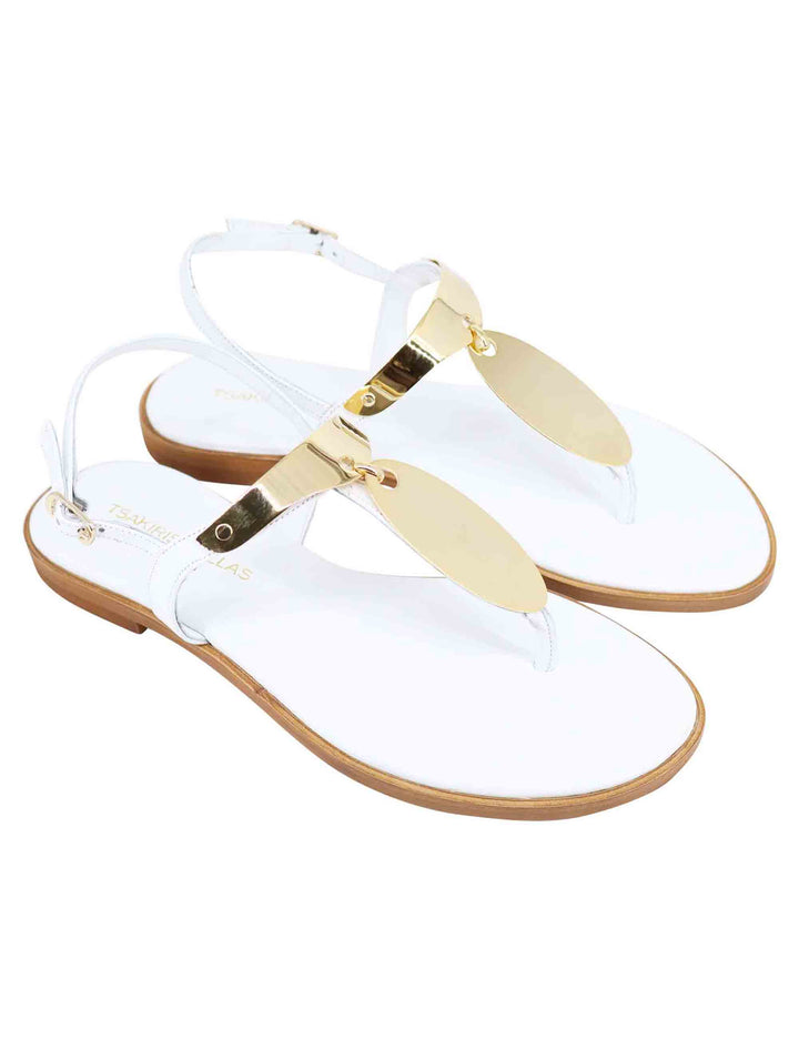 Spatarella Sandali bassi donna infradito in pelle bianca con placche in oro In Saldo