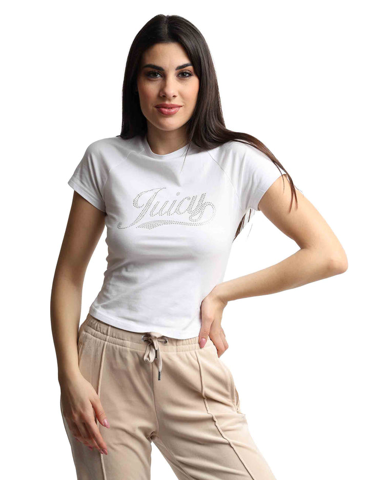 Spatarella T-shirts donna Ryder Rodeo in cotone bianco a girocollo con strass Moda