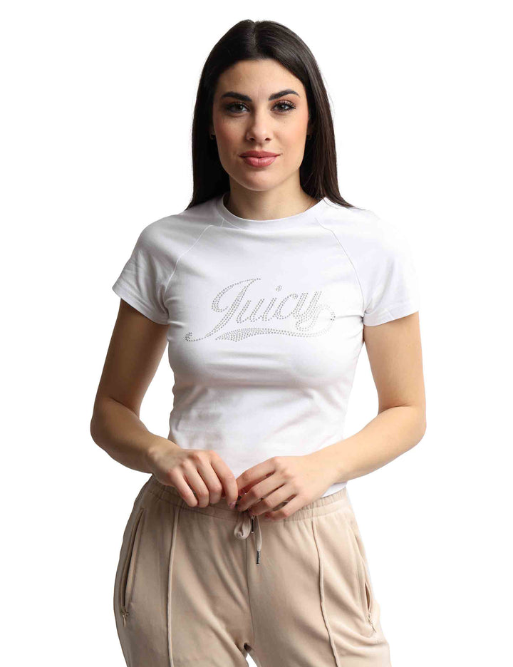 Spatarella T-shirts donna Ryder Rodeo in cotone bianco a girocollo con strass Moda