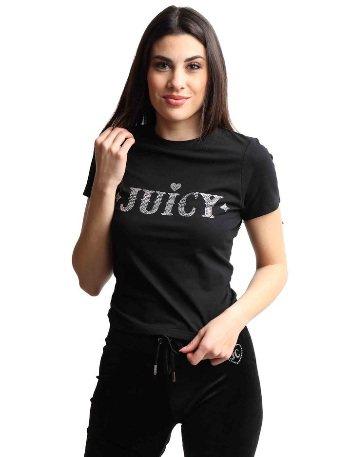 Spatarella T-shirts donna Ryder Rodeo in cotone nero a girocollo con strass Sconto di tempo limitato