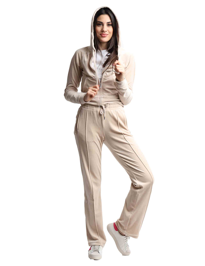 Spatarella Pantaloni tuta donna Tina in tessuto beige con strass Grande vendita