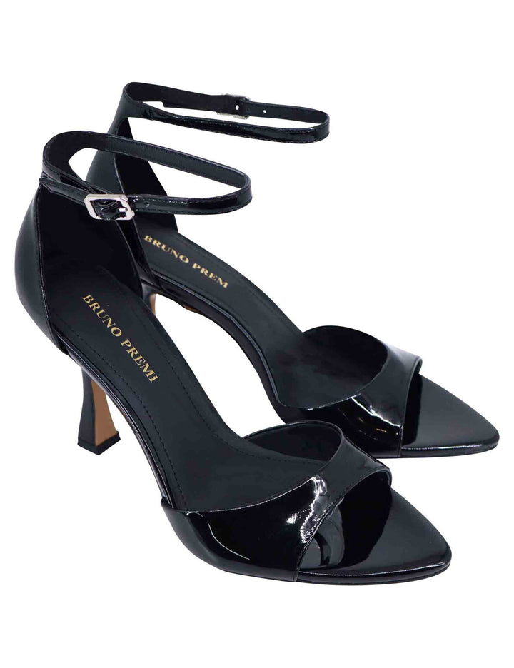 Spatarella Sandali donna in vernice nera con tacco alto e cinturino alla caviglia Fornitura limitata