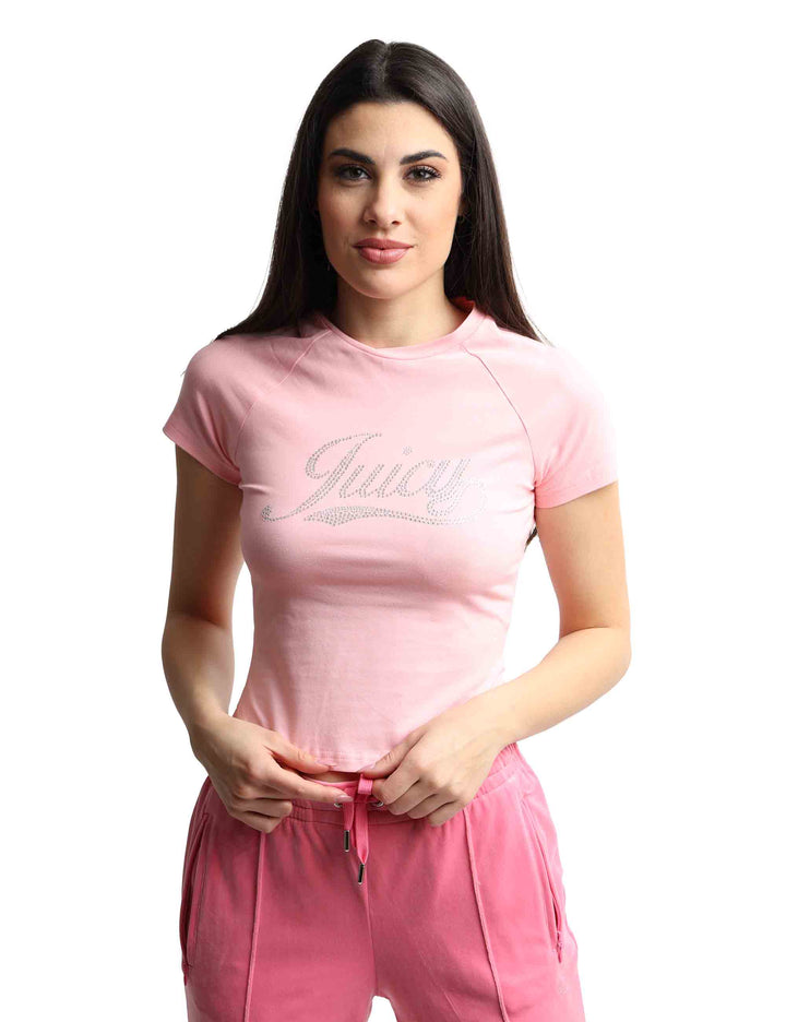 Spatarella T-shirts donna Ryder Rodeo in cotone rosa a girocollo con strass Offerta esclusiva