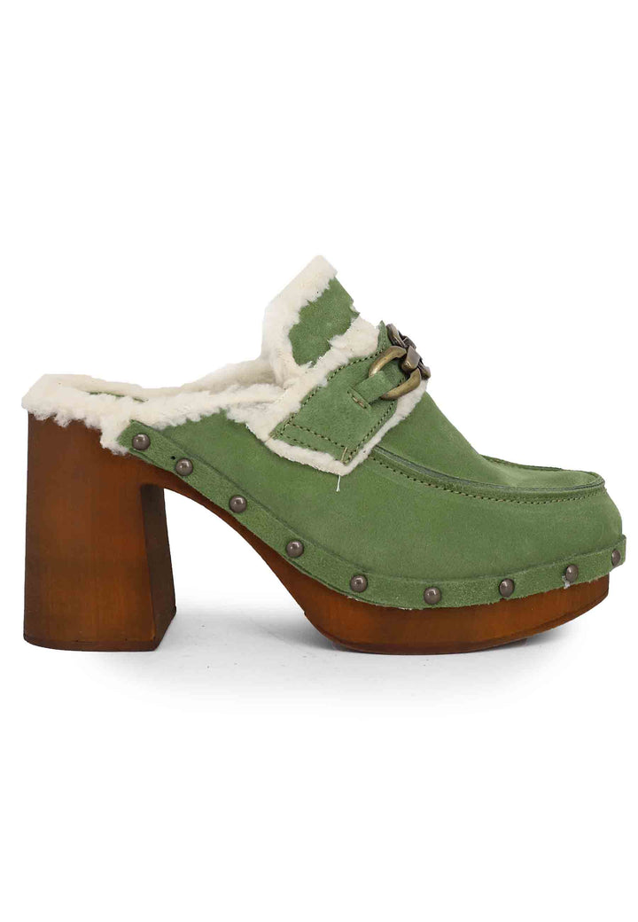Spatarella Zoccoli donna in camoscio verde con fodera in eco fur e tacco alto Cyber Monday