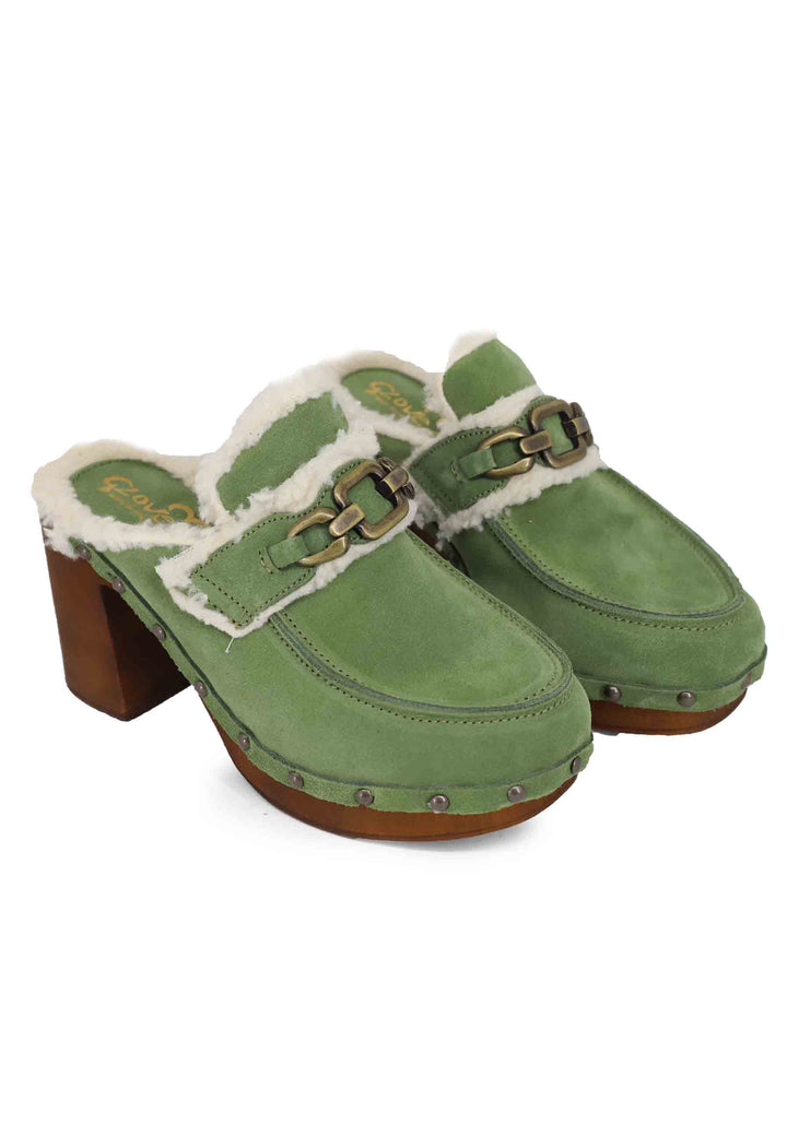 Spatarella Zoccoli donna in camoscio verde con fodera in eco fur e tacco alto Cyber Monday