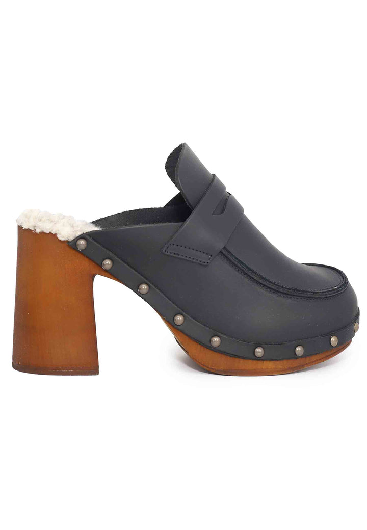 Spatarella Zoccoli donna in pelle nera con sottopiede in eco fur e tacco alto Offerta natalizia