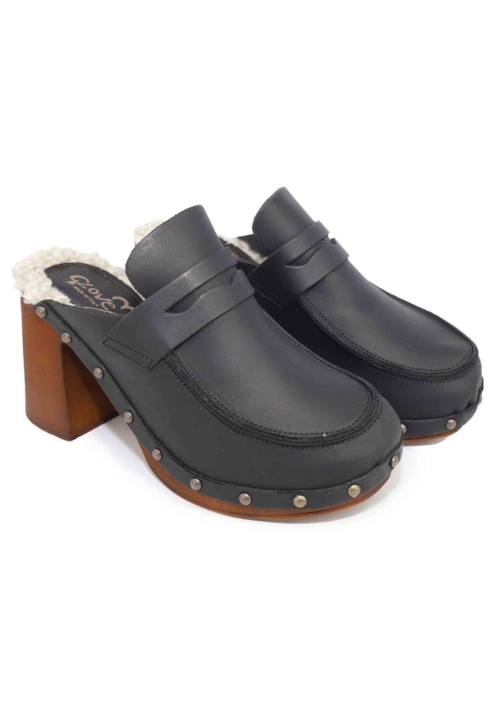 Spatarella Zoccoli donna in pelle nera con sottopiede in eco fur e tacco alto Offerta natalizia