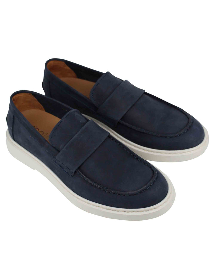 Spatarella Mocassini uomo in camoscio blu con suola in gomma bianca Enormi risparmi