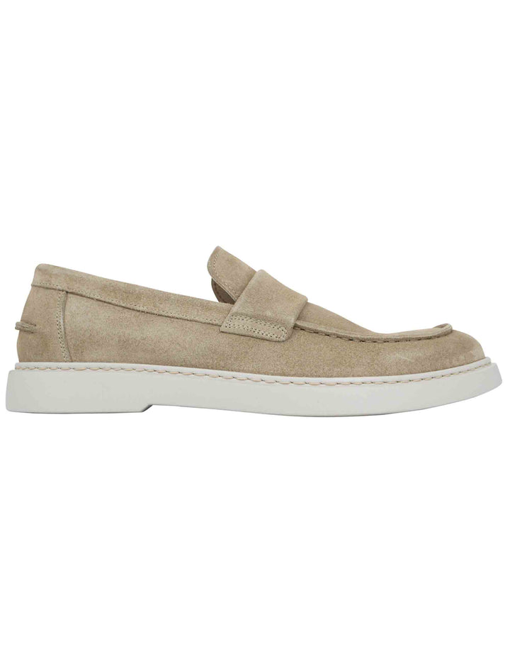Spatarella Mocassini uomo in camoscio beige con suola in gomma bianca Prezzo basso