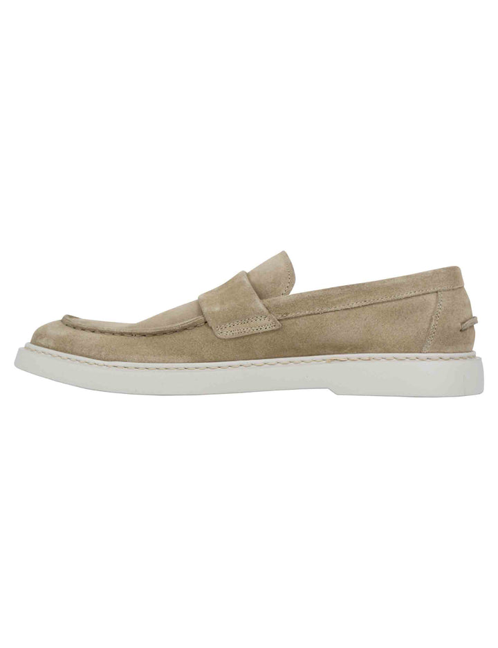 Spatarella Mocassini uomo in camoscio beige con suola in gomma bianca Prezzo basso
