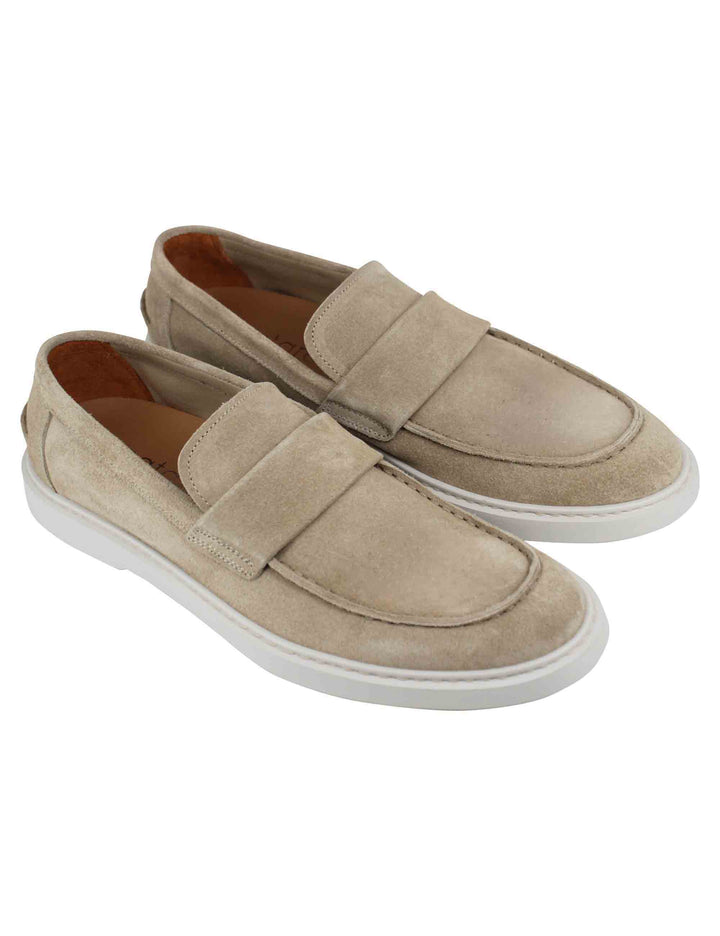 Spatarella Mocassini uomo in camoscio beige con suola in gomma bianca Prezzo basso