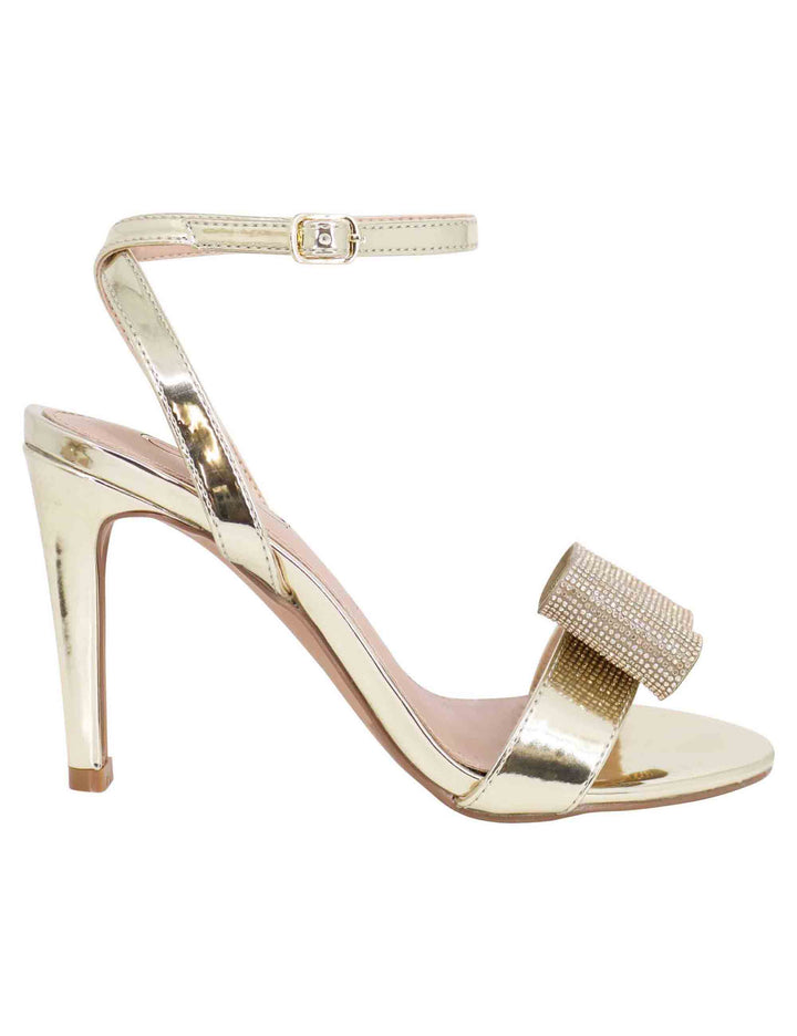 Spatarella Sandali donna in eco pelle laminata oro con tacco alto e strass 50% di sconto con spedizione gratuita