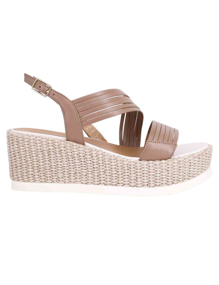 Spatarella Sandali slingback donna in pelle taupe con zeppa bassa fasciata in tessuto Limitato a 3 giorni