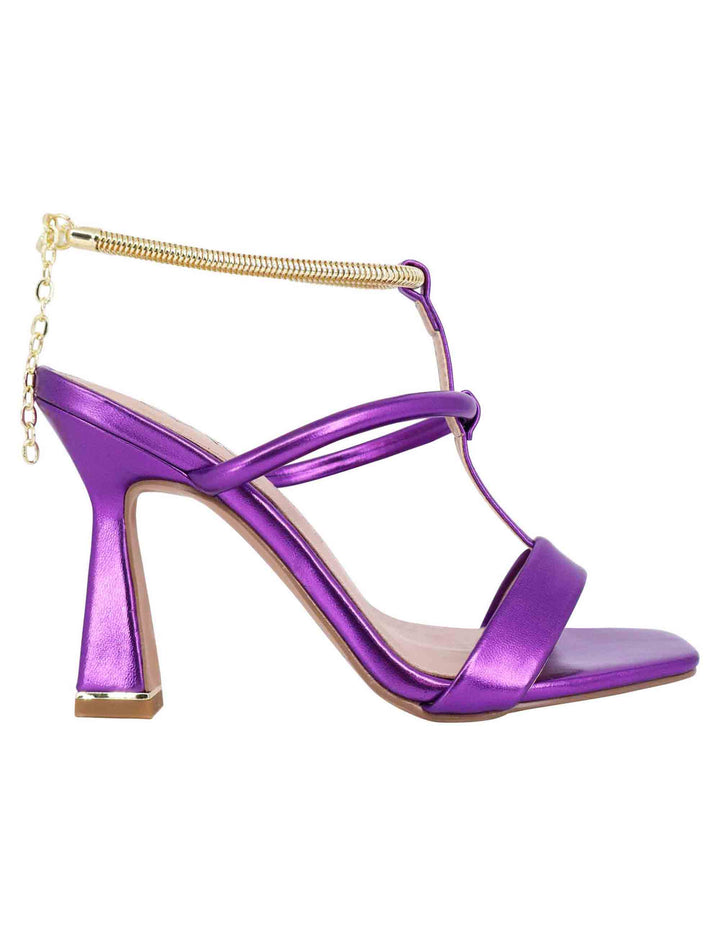 Spatarella Sandali donna in eco pelle viola con tacco alto e cavigliera morbida in oro Esporta salva