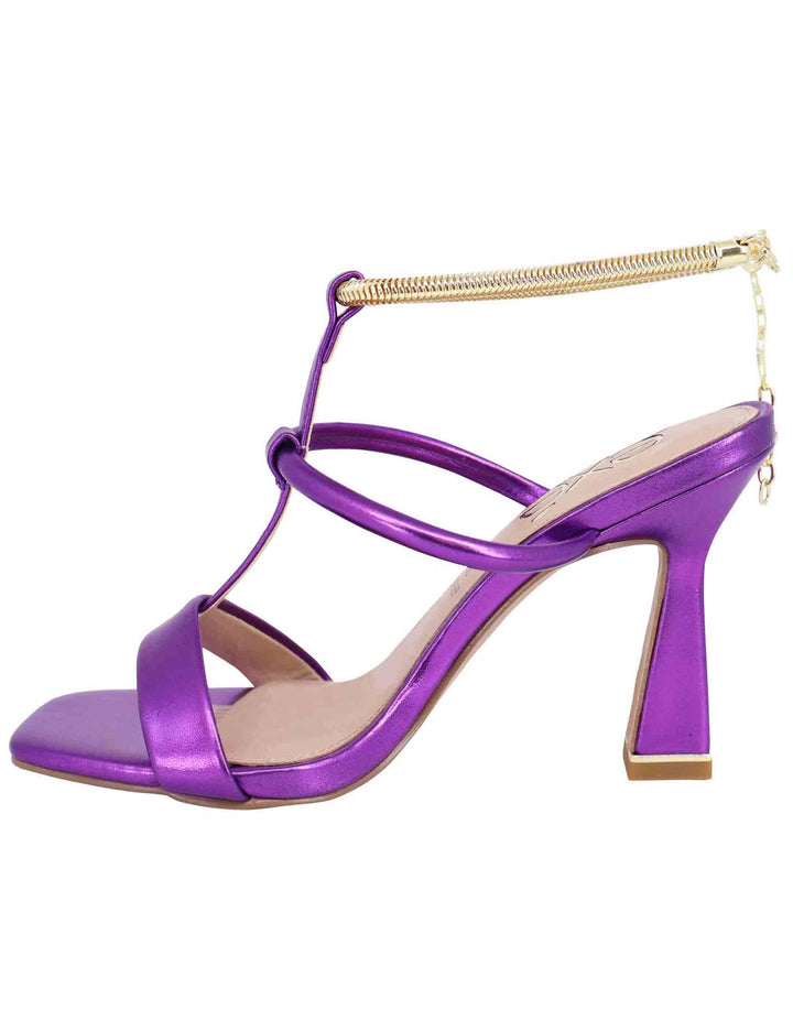 Spatarella Sandali donna in eco pelle viola con tacco alto e cavigliera morbida in oro Esporta salva