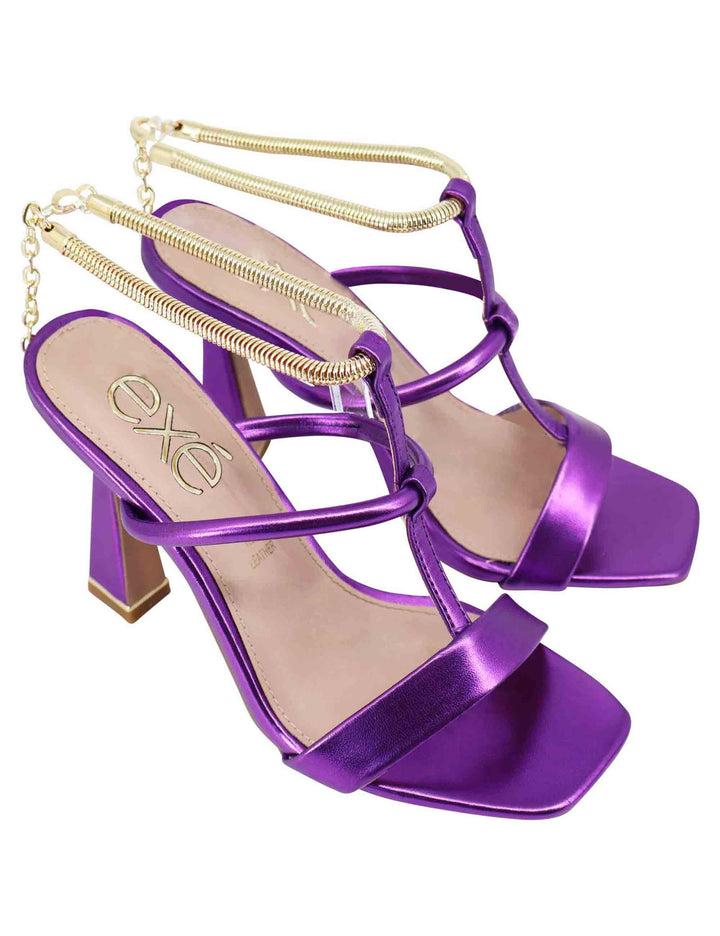 Spatarella Sandali donna in eco pelle viola con tacco alto e cavigliera morbida in oro Esporta salva
