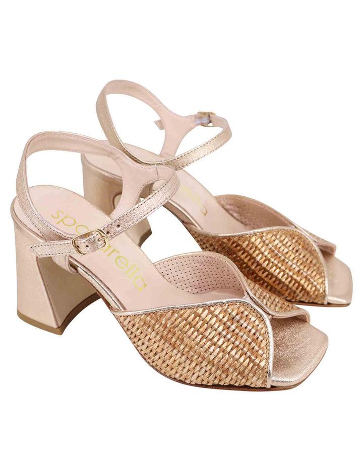 Spatarella Sandali donna in pelle oro laminata con tacco alto e cinturino alla caviglia Black Friday Prezzi