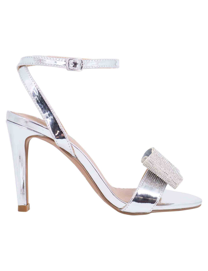 Spatarella Sandali donna in eco pelle laminata argento con tacco alto e strass Duty-free