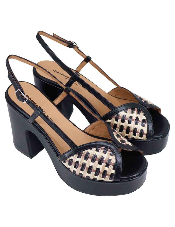 Spatarella Sandali donna slingback in pelle nera bicolore con tacco alto e plateau 50% di sconto per tempo limitato