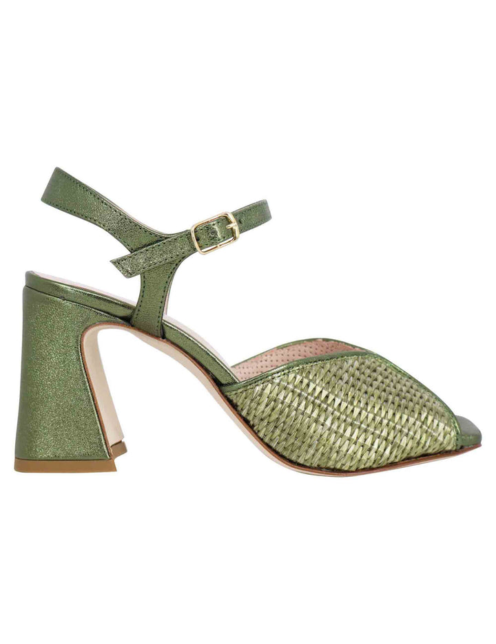 Spatarella Sandali donna in pelle verde laminata con tacco alto e cinturino alla caviglia Sconti questo mese
