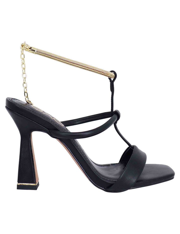 Spatarella Sandali donna in eco pelle nera con tacco alto e cavigliera morbida in oro Italia