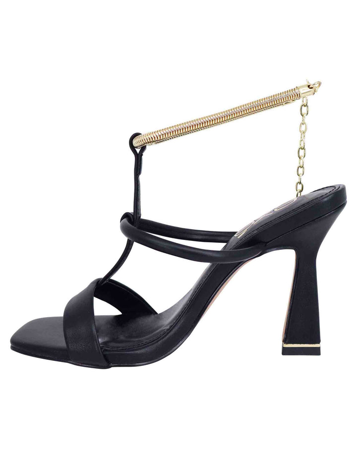 Spatarella Sandali donna in eco pelle nera con tacco alto e cavigliera morbida in oro Italia