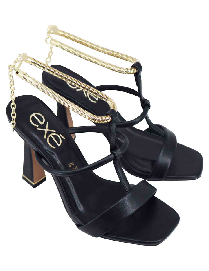 Spatarella Sandali donna in eco pelle nera con tacco alto e cavigliera morbida in oro Italia