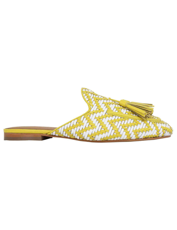 Spatarella Sabot donna in pelle intrecciata bianca e giallo con nappine e tacco basso Spedizione Gratuita