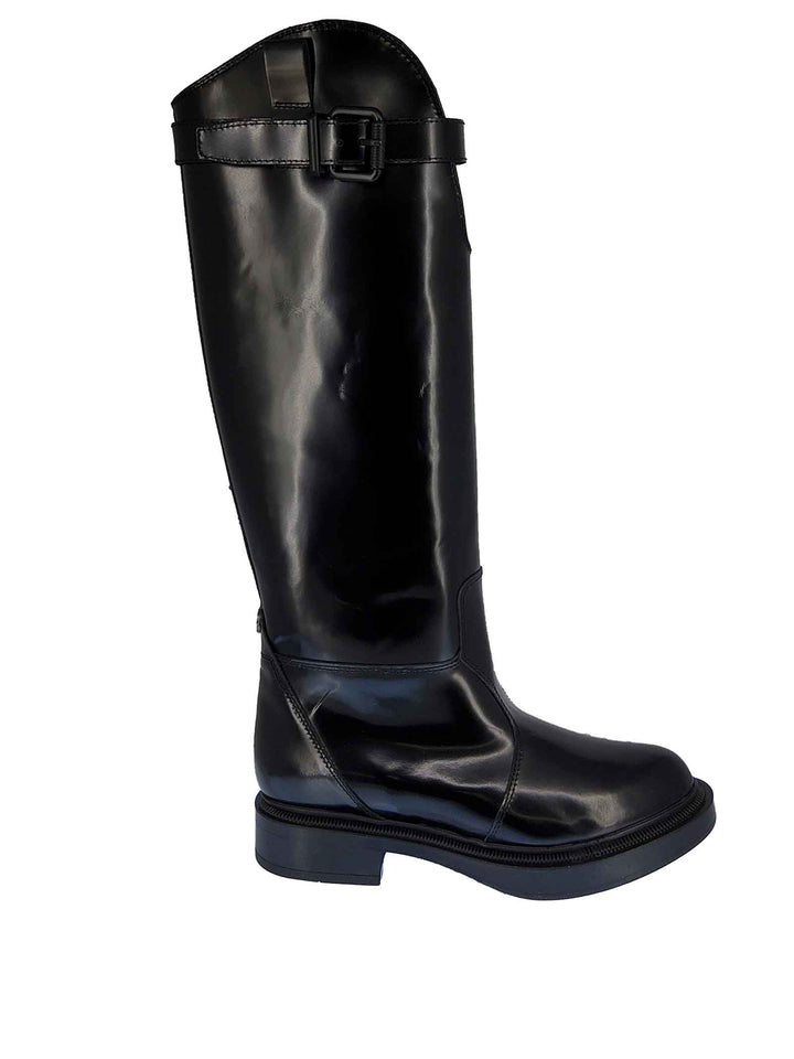 Spatarella Calzature Donna Stivali Cavallerizza in Pelle Nera Lucida con Cinturino e Fondo in Gomma in Tinta Fino Al -60%