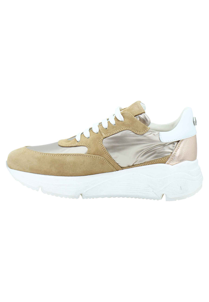Spatarella Sneakers donna in pelle e tessuto cammello con fondo gomma bianco Shopping Online