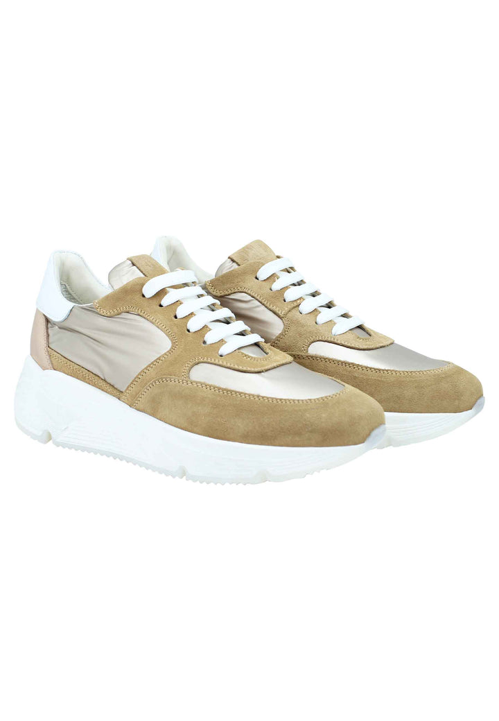 Spatarella Sneakers donna in pelle e tessuto cammello con fondo gomma bianco Shopping Online