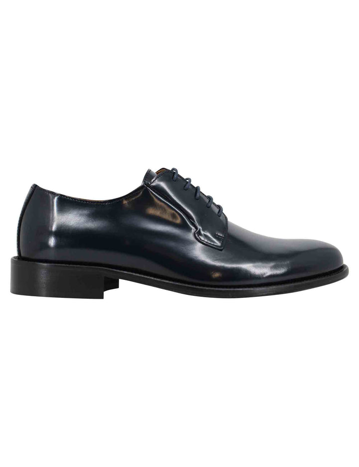 Spatarella Stringate uomo in pelle lucida blu con suola in cuoio cucita Cyber Monday